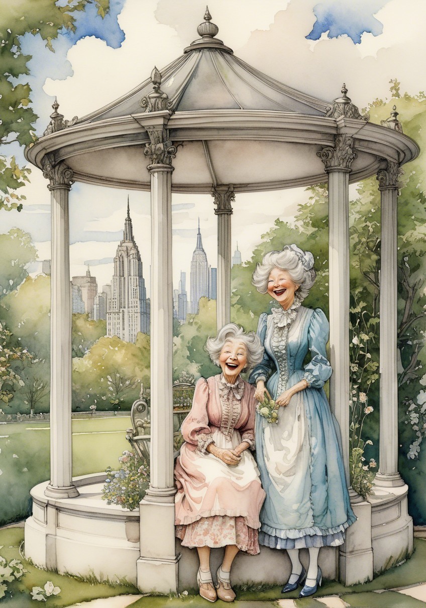 Elderly Women Laughing in Ornate Garden Gazebo