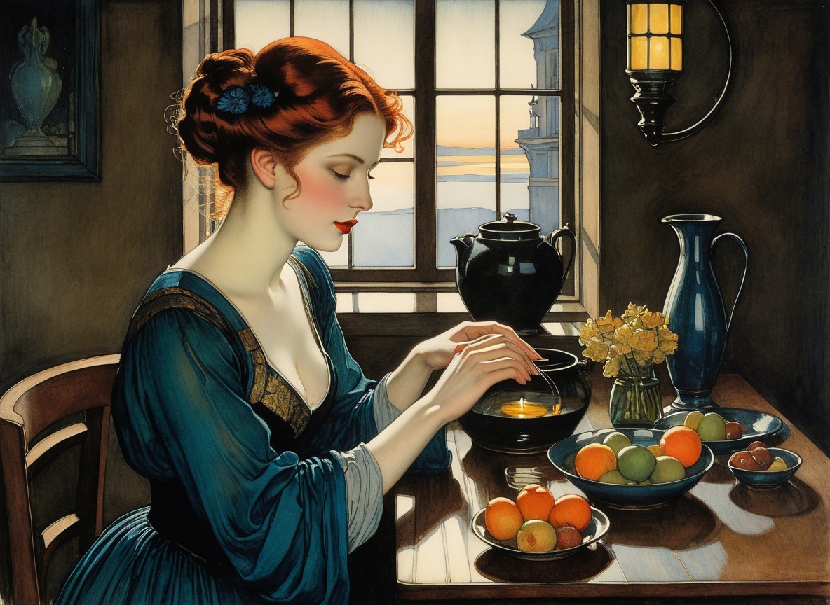 Young Woman in Blue Dress Contemplating in Sunlit Room