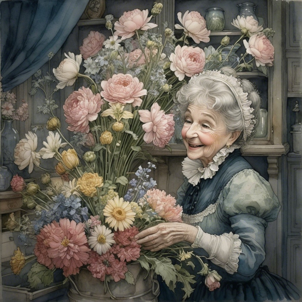Elderly Woman Arranging Flowers in Vintage Room