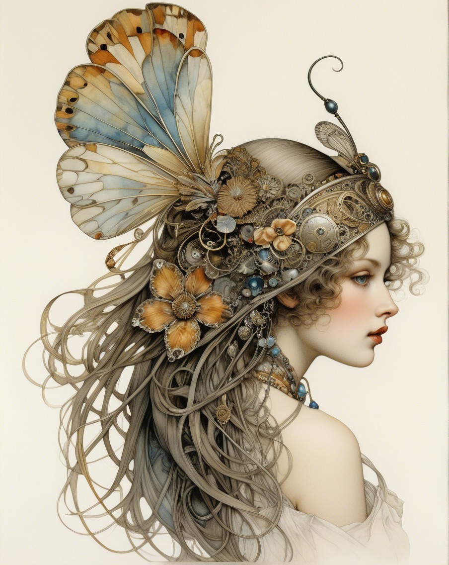 Portrait of a Woman with Intricate Hair and Butterfly