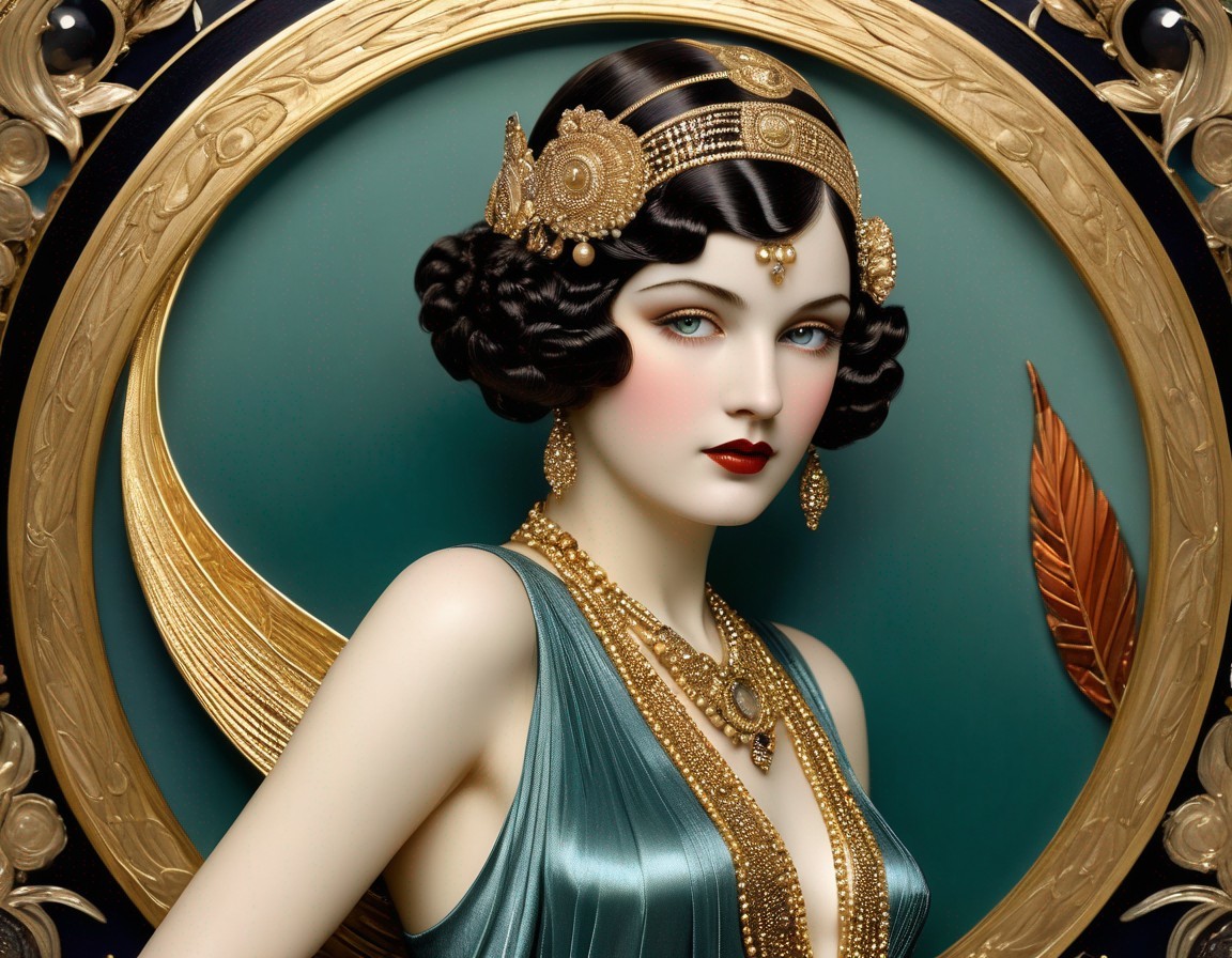 Art Deco Portrait of Woman with Vintage Jewelry
