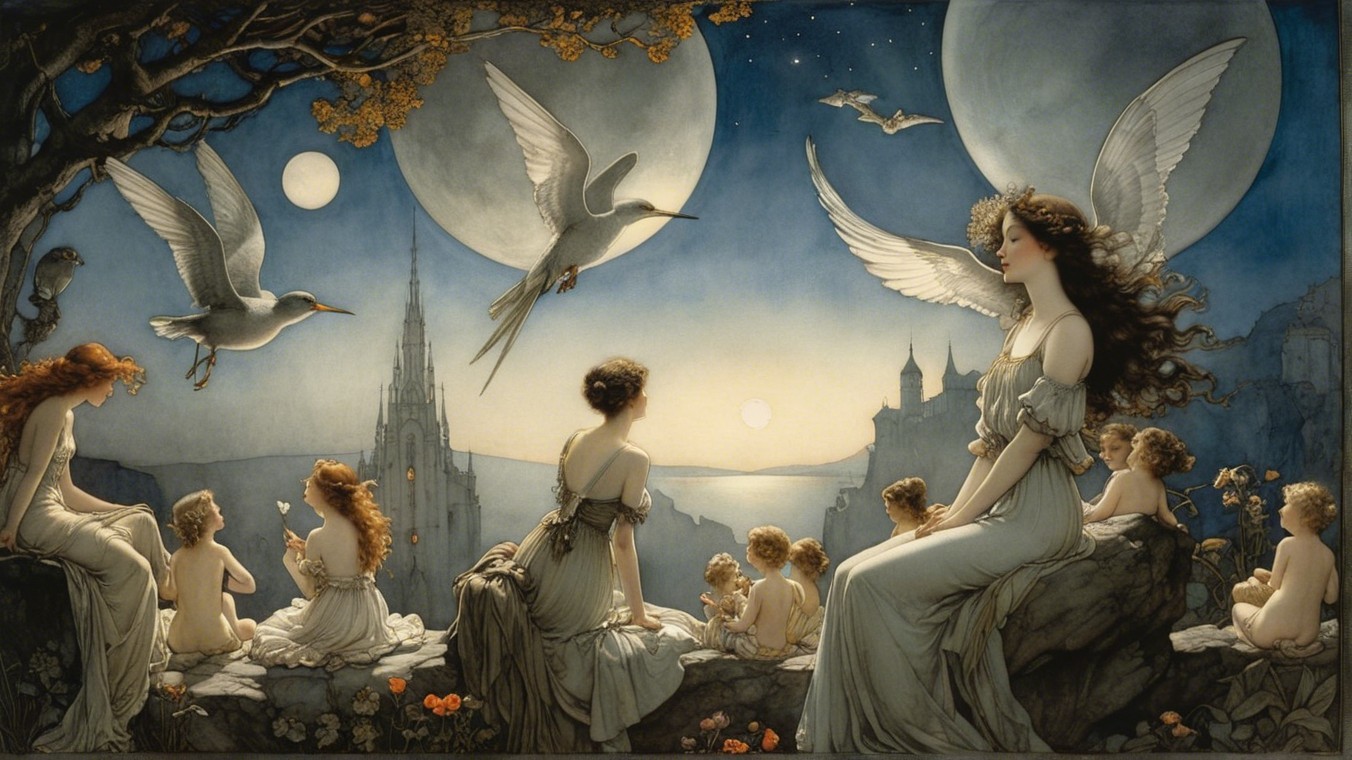 Ethereal Women and Children in a Dreamlike Landscape