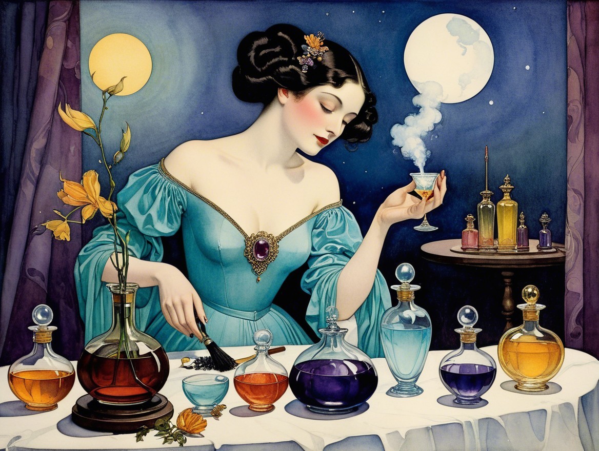 Glamorous Woman Mixing Potions in Mystical Setting