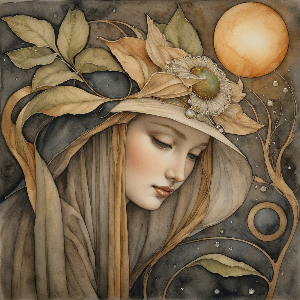 Serene Woman with Autumn Leaves and Ethereal Elements