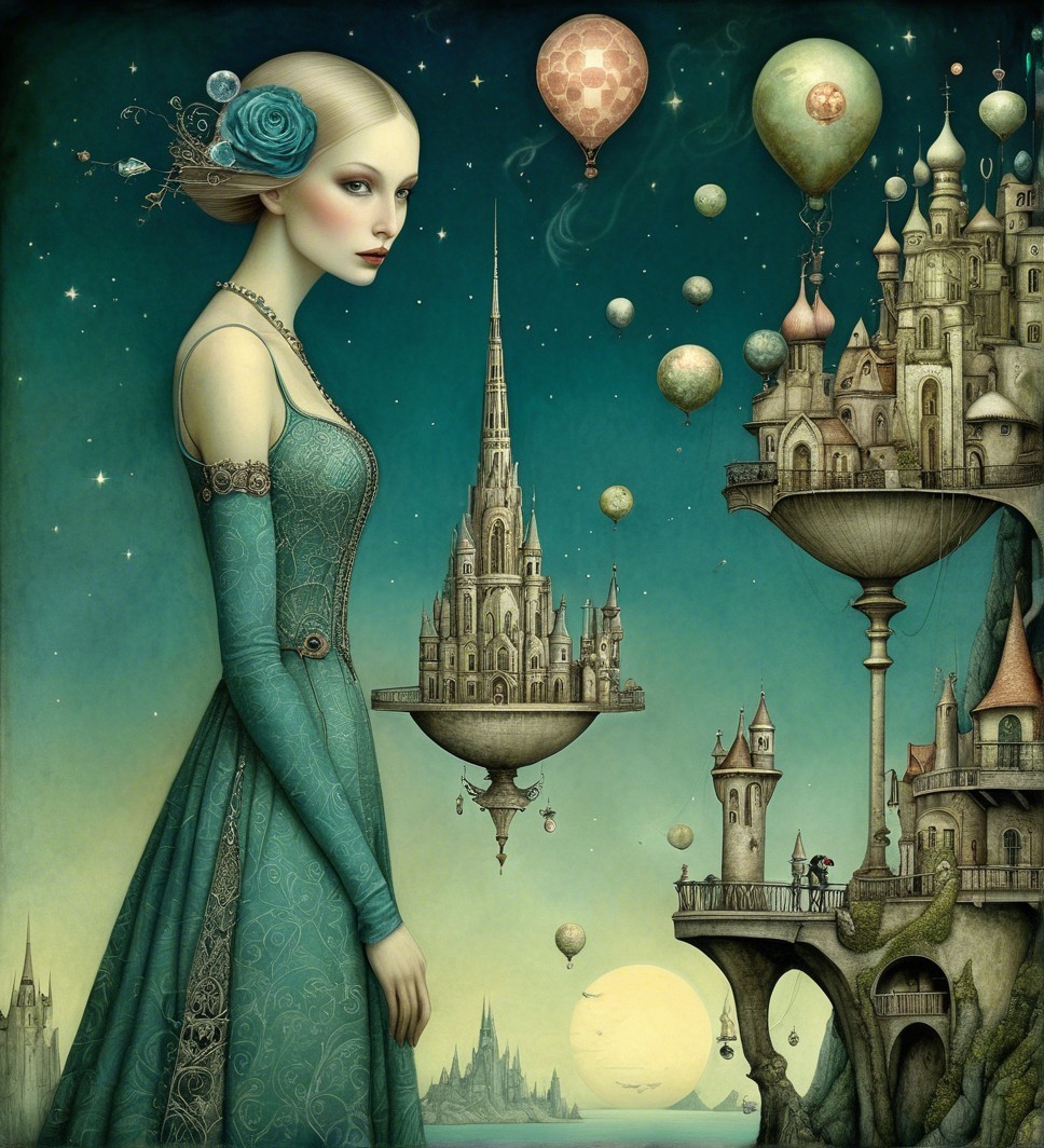 Woman in Teal Dress Against Dreamy Night Sky