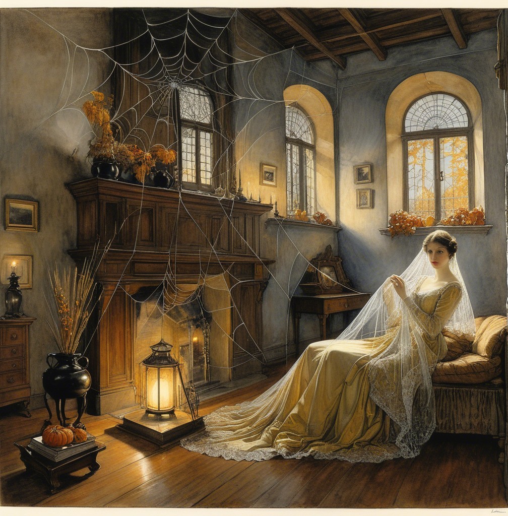 Serene Room with Woman Weaving Lace in Sunlight