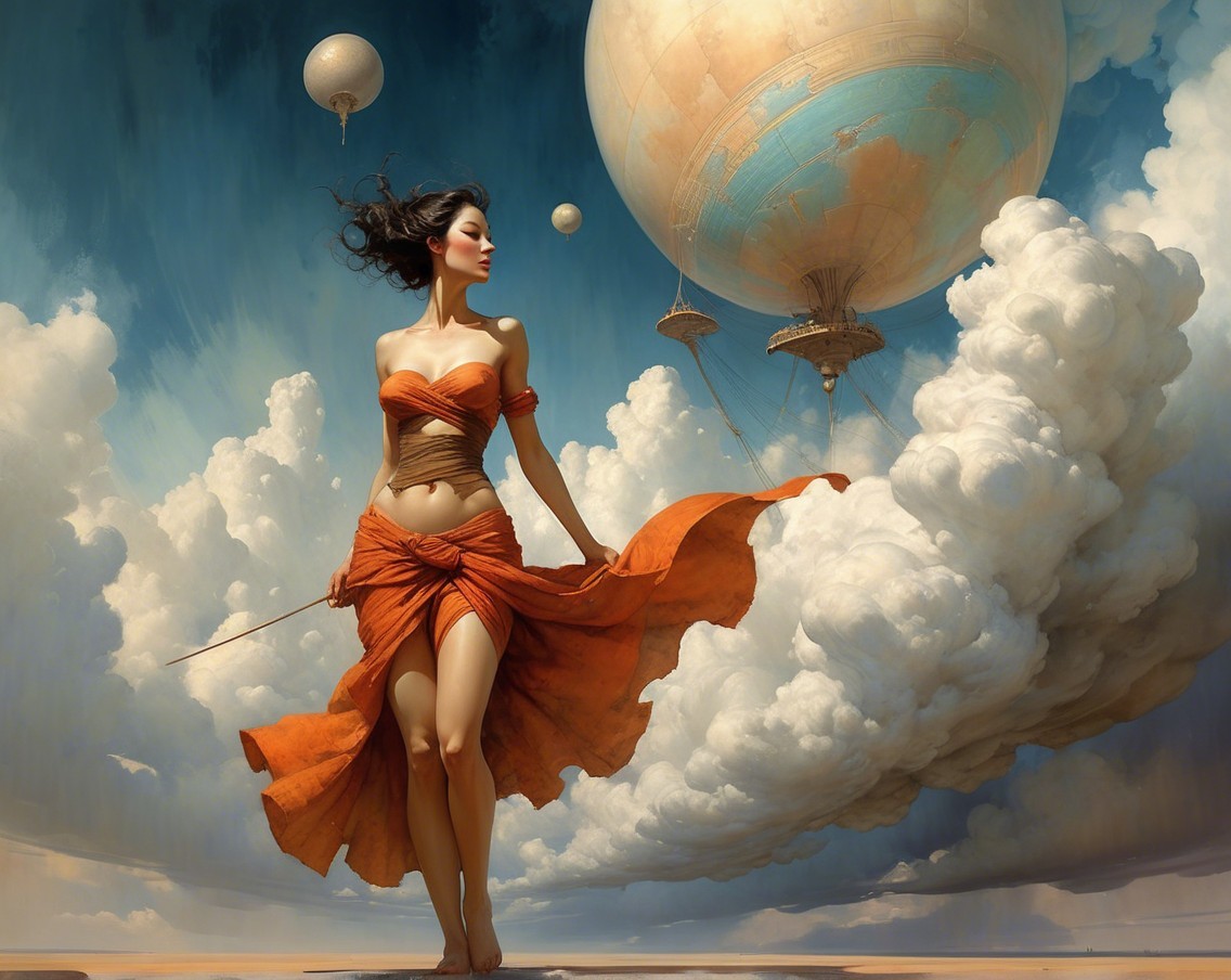 Woman in Orange Dress Surrounded by Clouds and Balloons