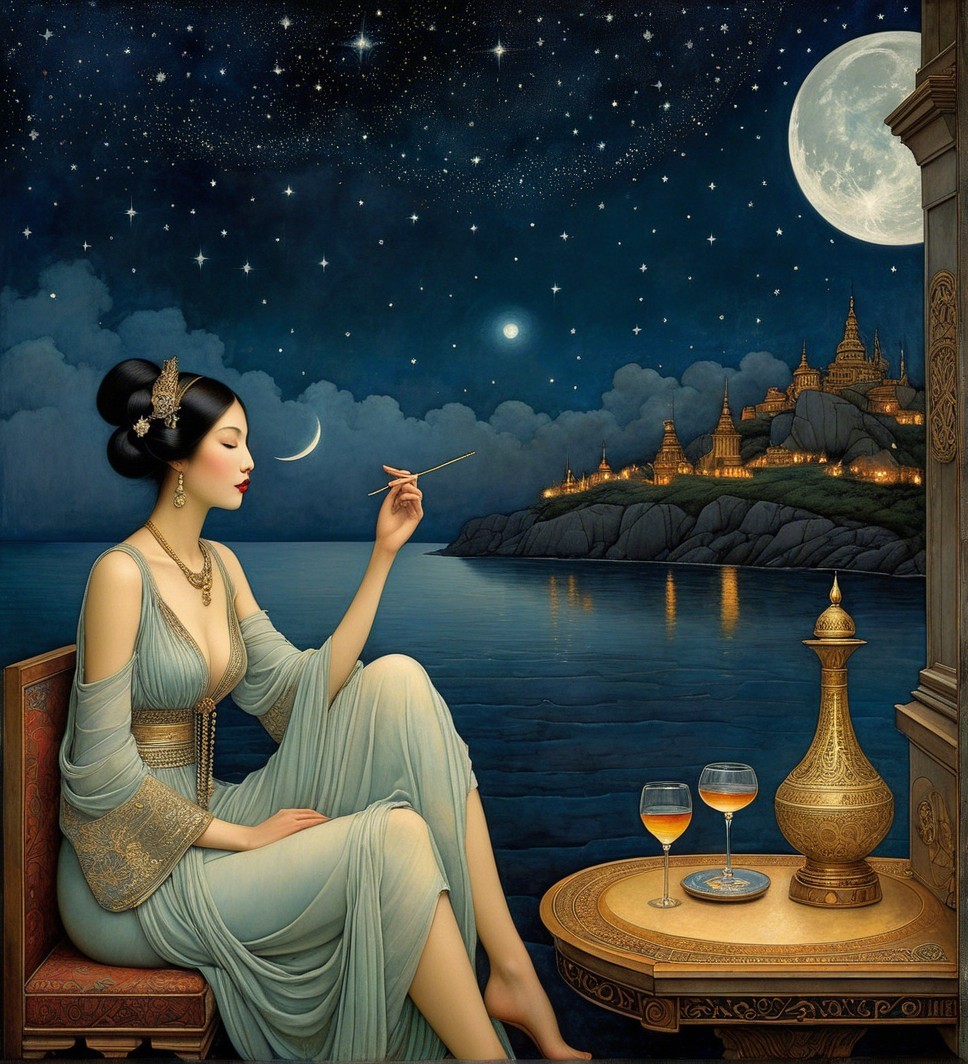 Serene Woman by Water Under Starry Night Sky
