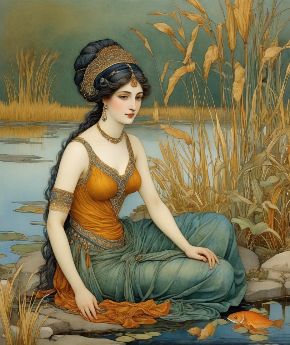 Painting of a woman in classical attire by water