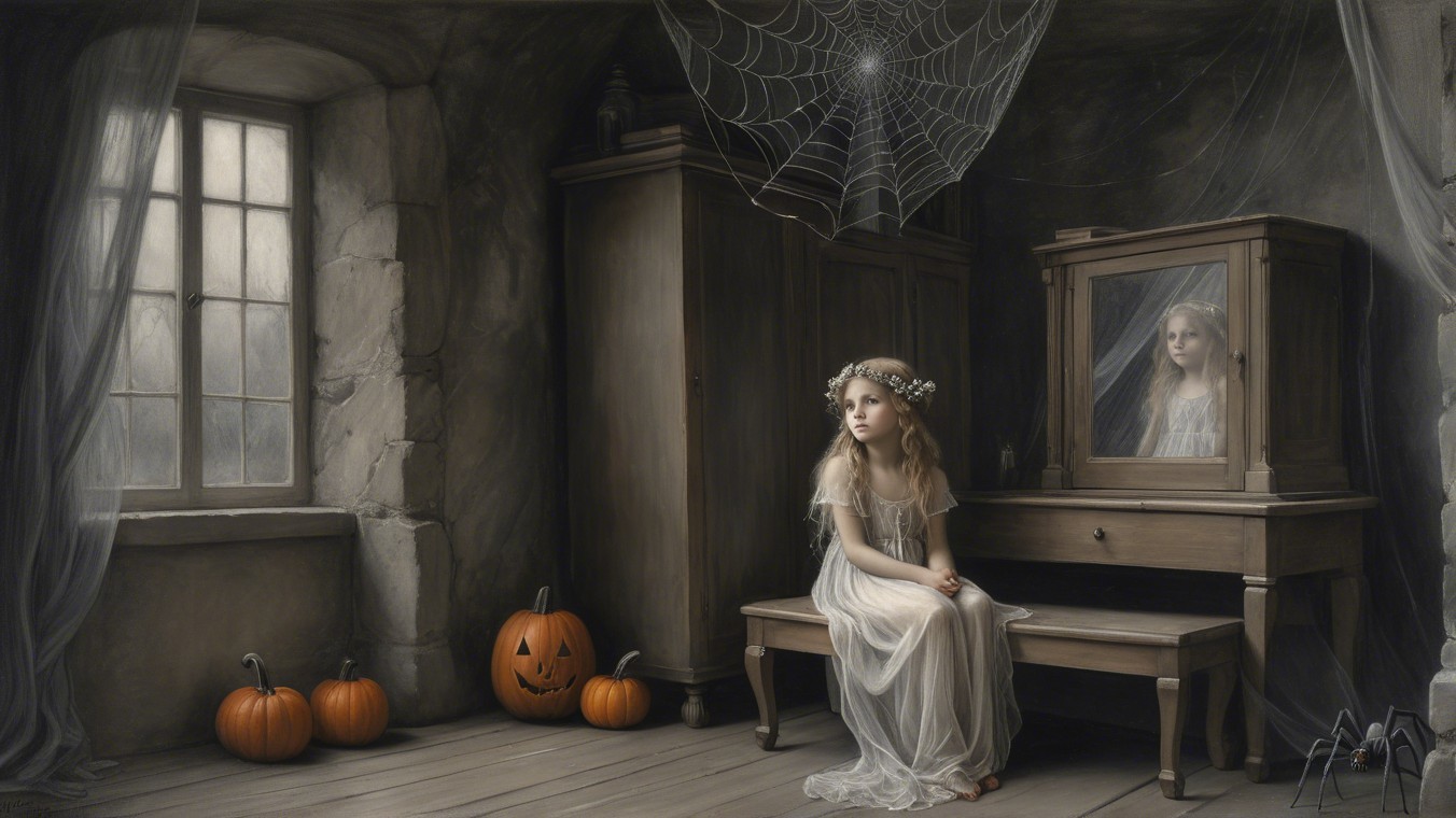 Haunting Scene of a Girl in a Stone Room