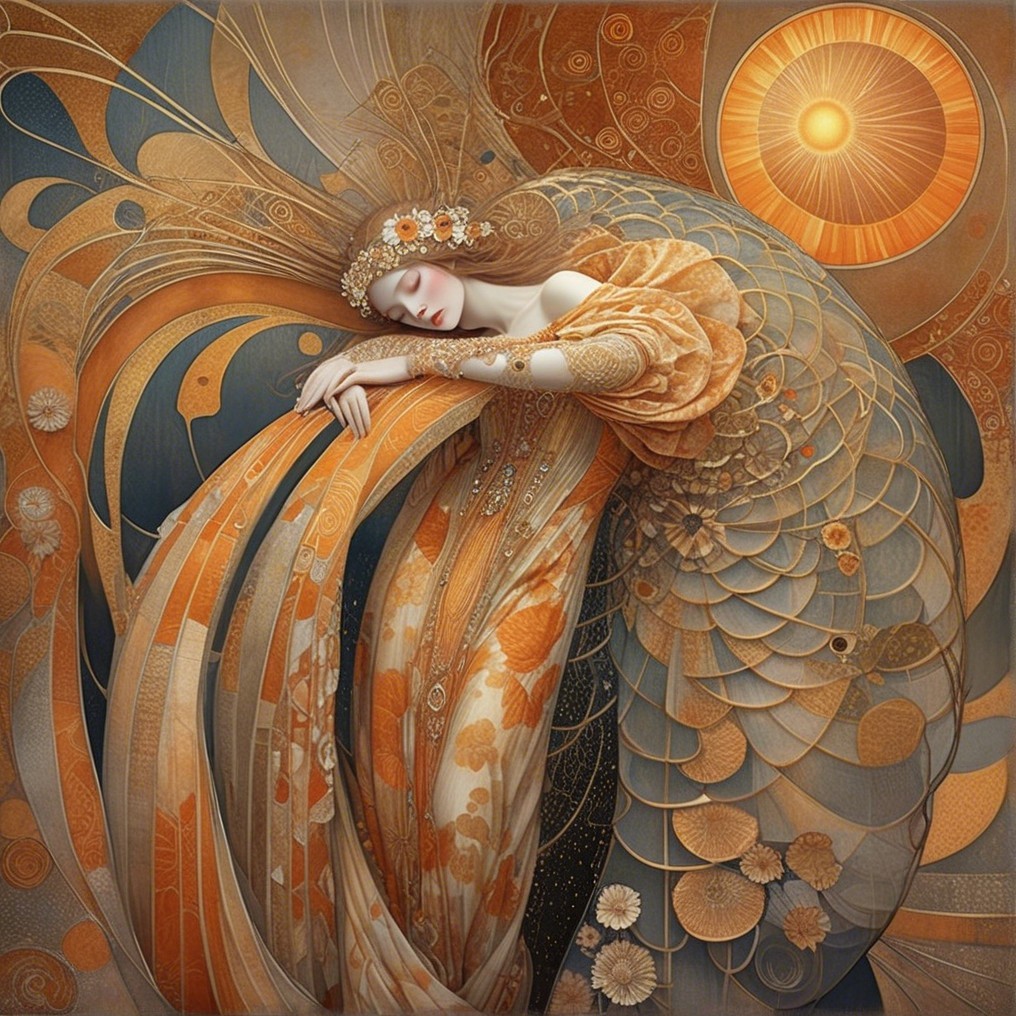 Serene figure in ornate garments with floral accents
