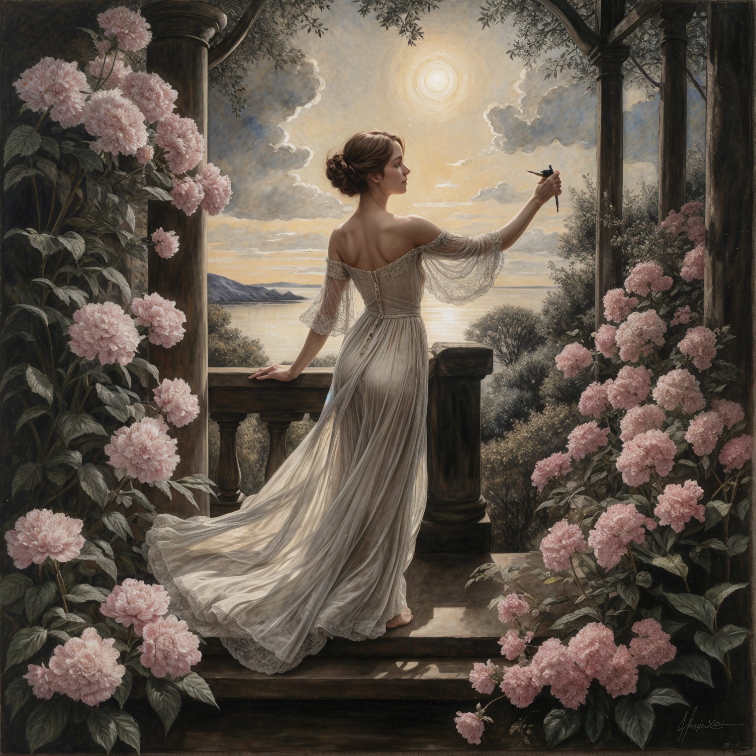 Woman in White Gown on Balcony with Hydrangeas