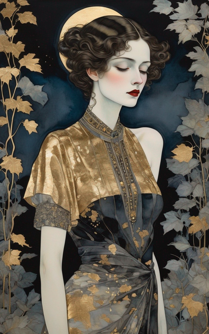 Illustration of a Woman in Golden Dress with Halo