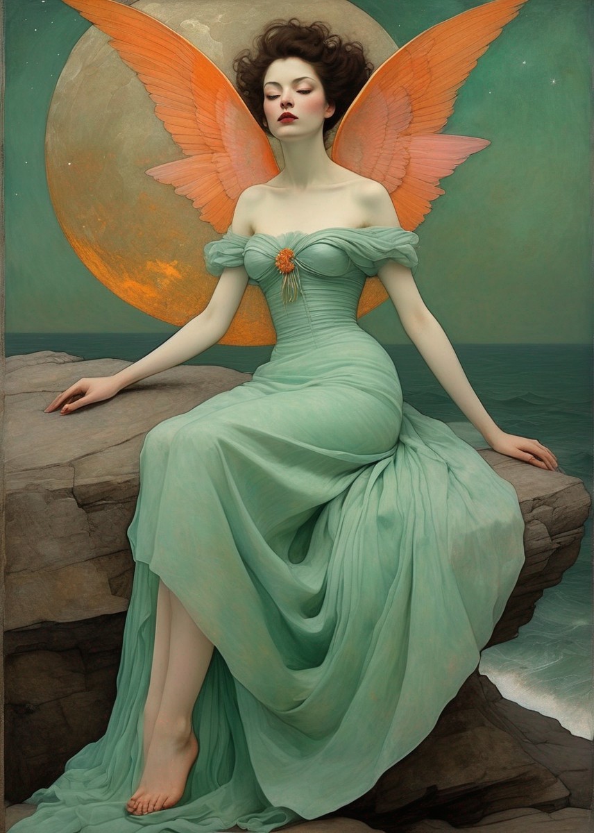 Ethereal woman with orange wings and green dress on cliff under moody sky.