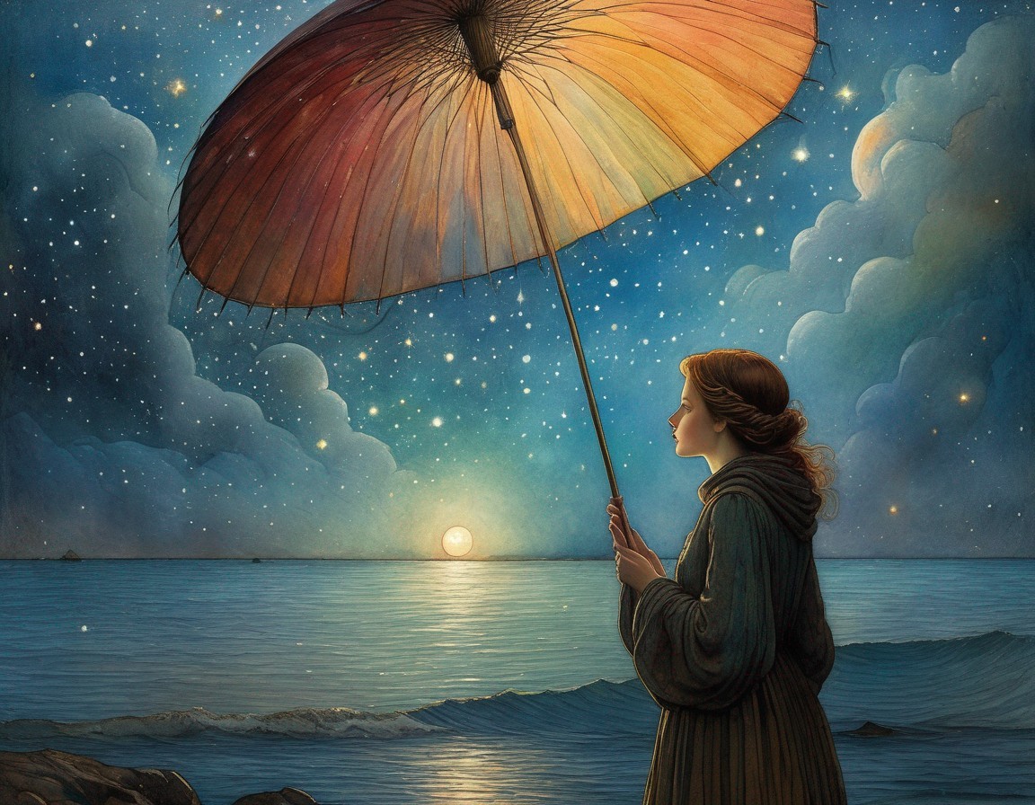 Woman with umbrella by sea under starry sky at sunrise/sunset