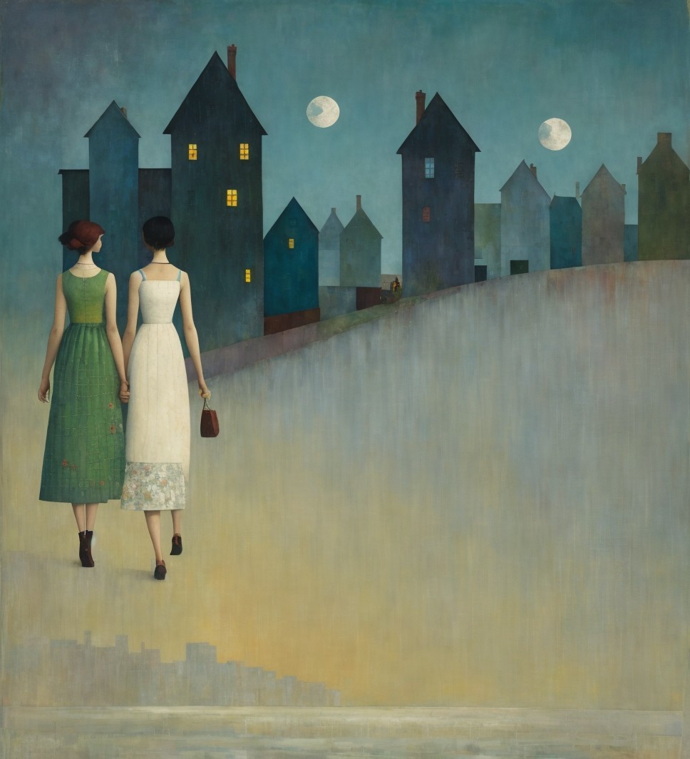 Women in Dresses Walking Towards Abstract Landscape