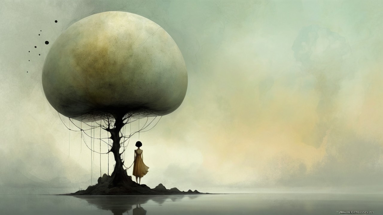 Surreal Landscape with Girl and Giant Mushroom Tree