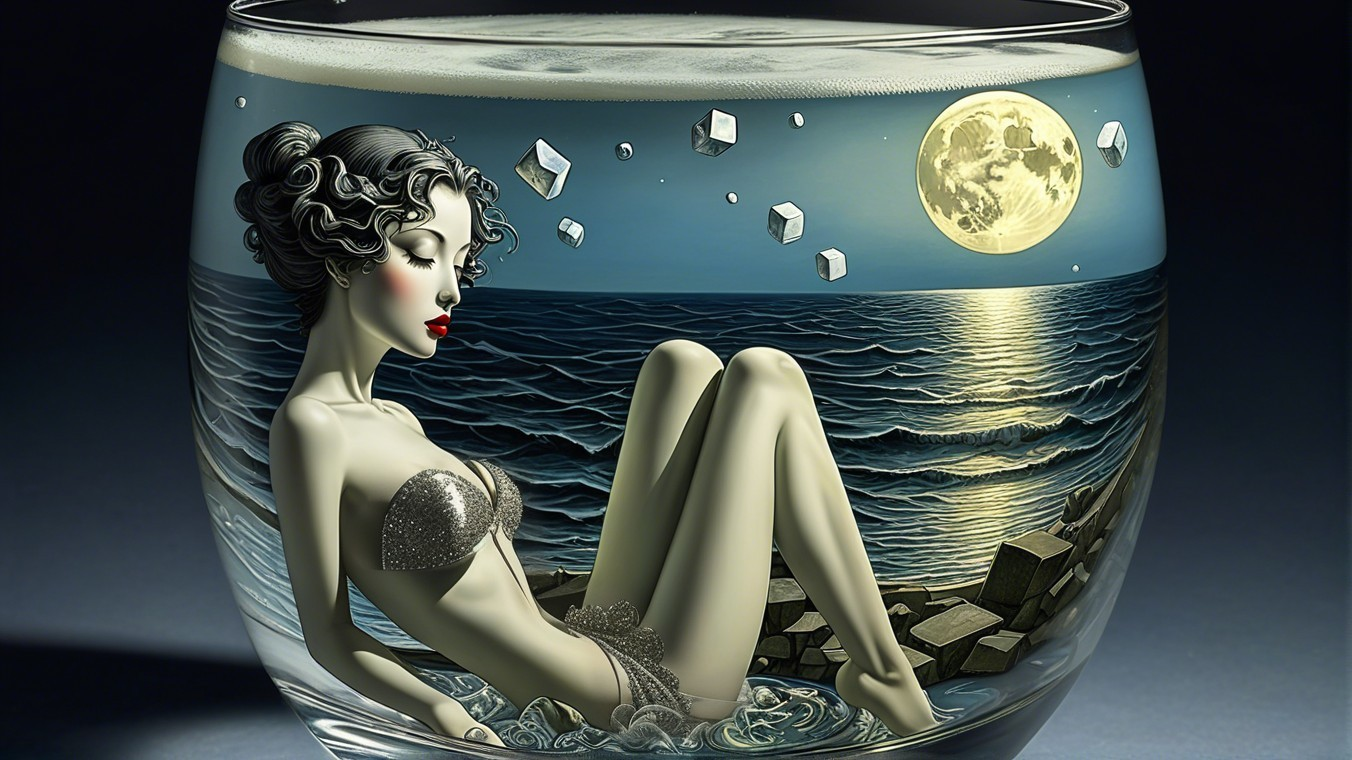 Glass of Water with Woman and Moonlit Ocean Scene