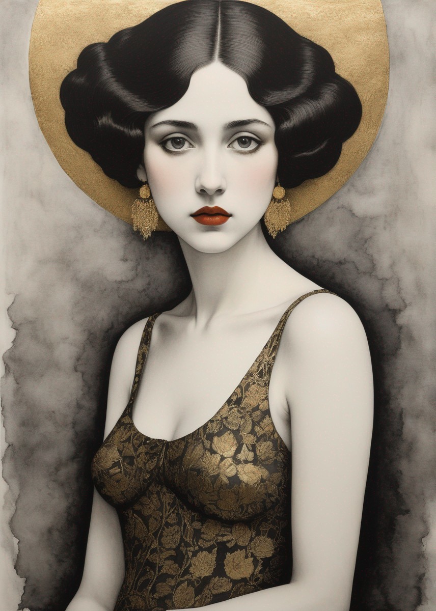 Portrait of a woman with vintage hairstyle and red lips