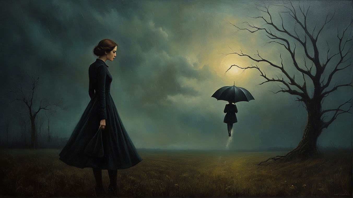 Somber Landscape with Woman in Black Dress and Umbrella