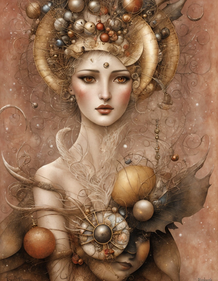 Fantasy illustration of pale-skinned woman with ornate headdress and chest piece