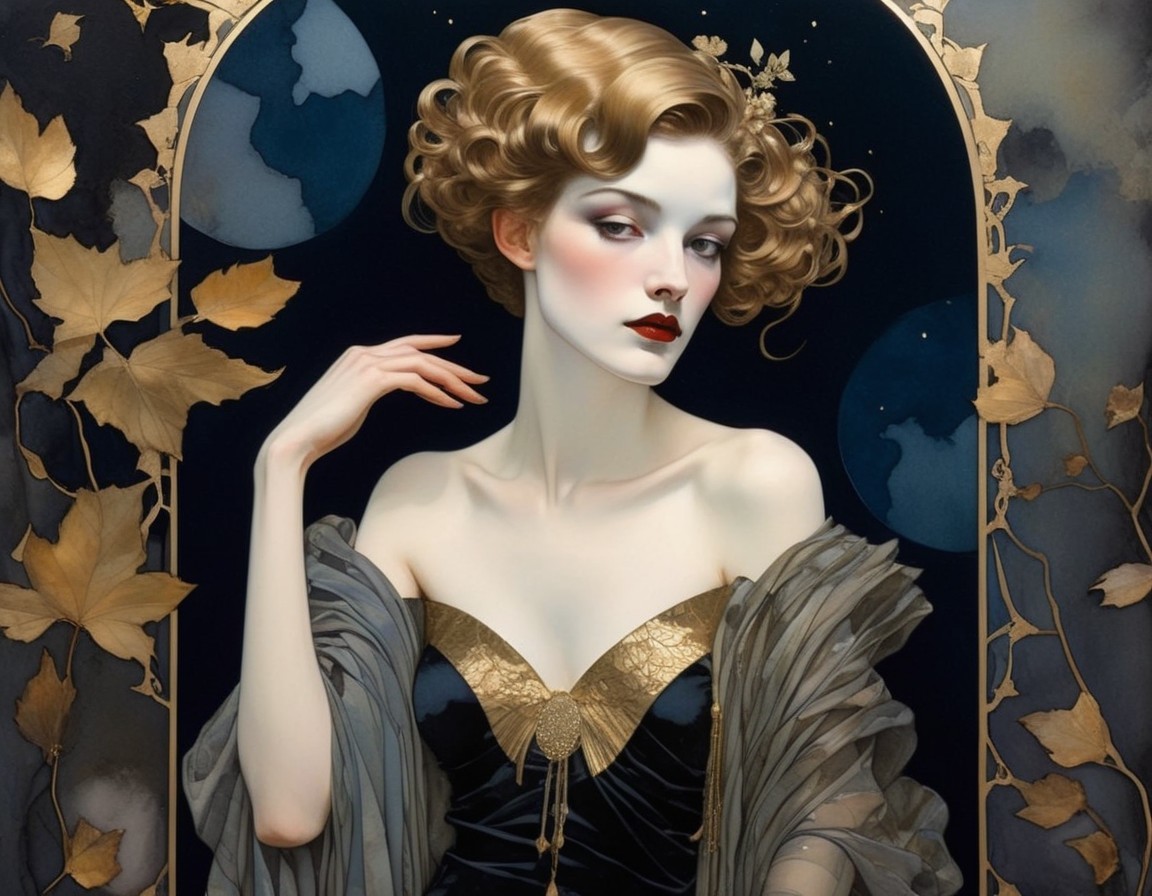 Illustrated Portrait of a Woman with Curly Hair and Leaves