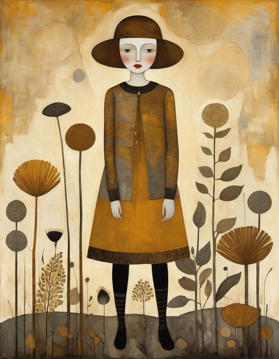 Stylized painting of girl in large hat and yellow dress among whimsical plants
