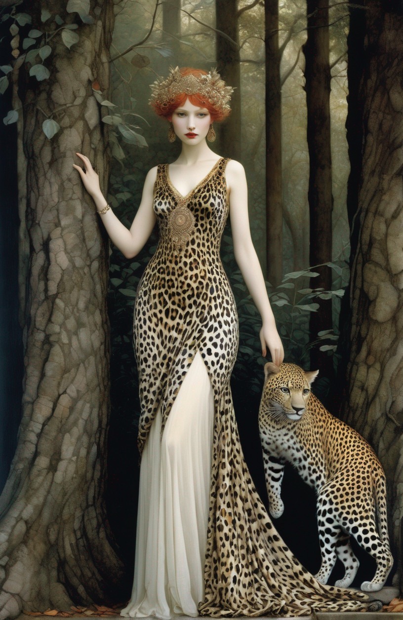 Woman in leopard print gown with cheetah in forest scene