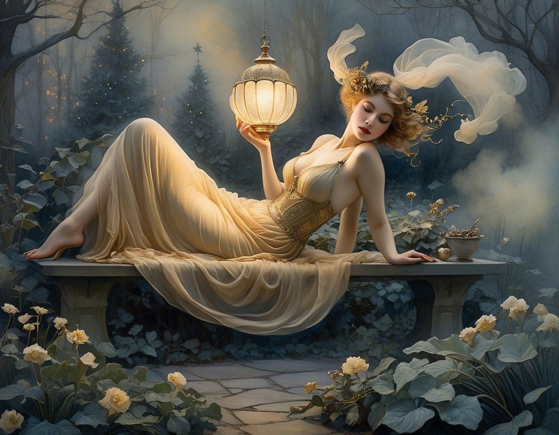 Moonlit Forest with Ethereal Woman in Golden Gown