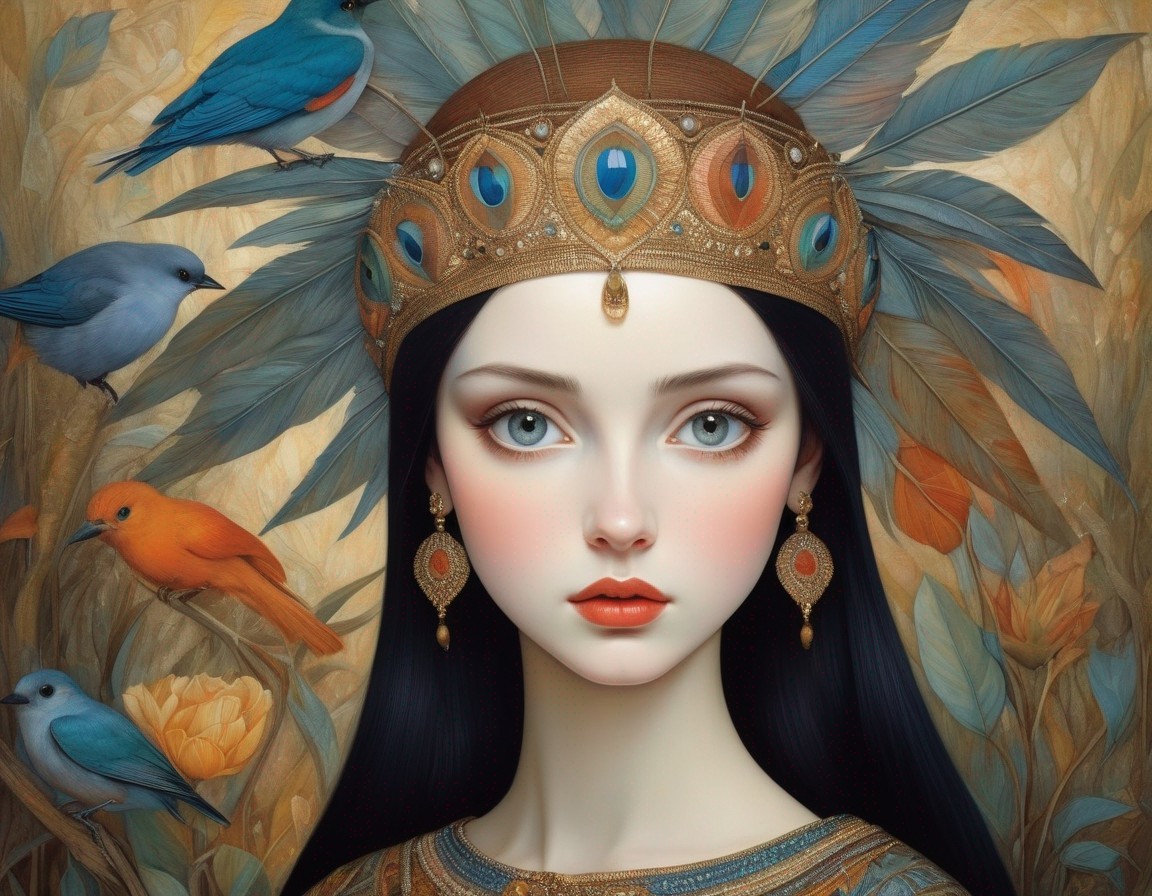 Portrait of a Young Woman with Golden Crown and Birds