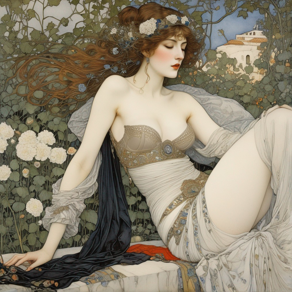 Graceful Woman Surrounded by Lush Foliage and Roses