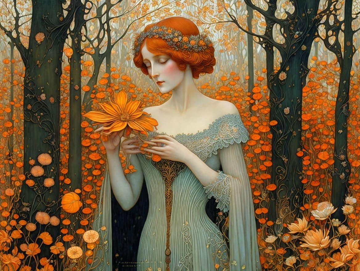 Serene Figure in Vibrant Forest with Orange Flowers
