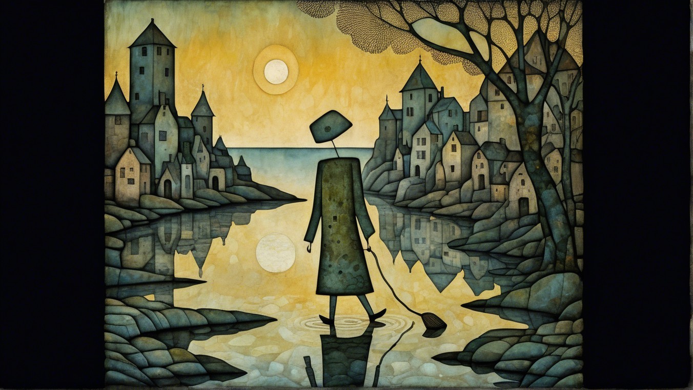 Serene landscape with figure in shallow water and houses