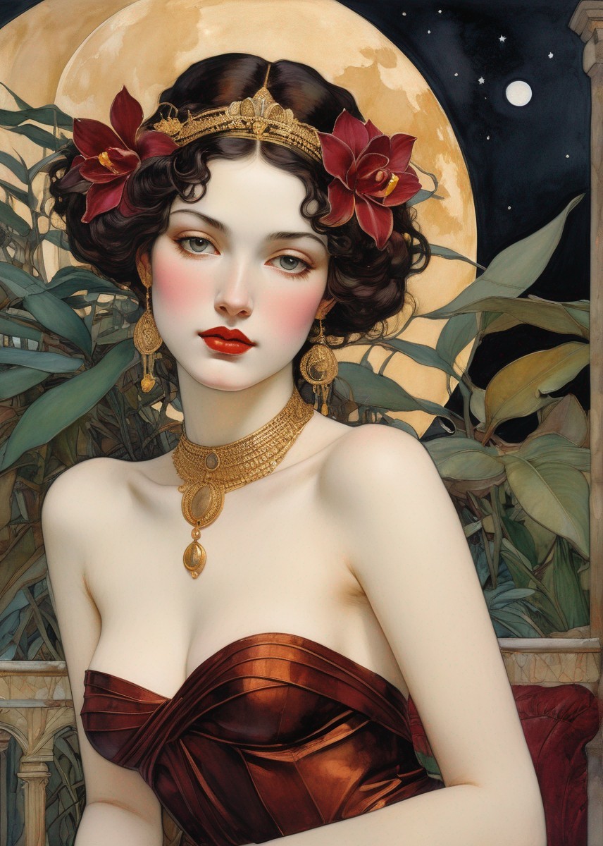 Portrait of woman with pale skin, dark hair, red lips, red dress, gold jewelry, head