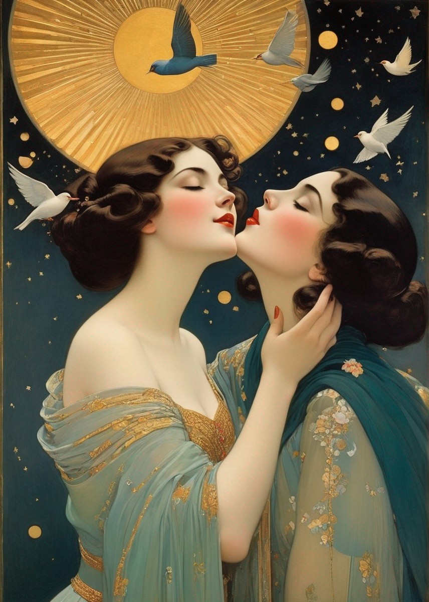 Elegant Women in Ornate Garments Under Golden Sun