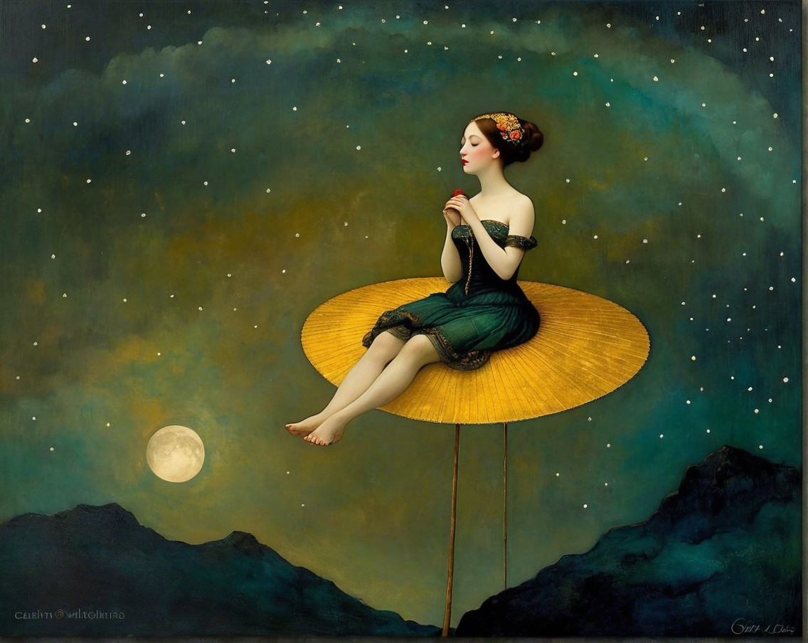 Whimsical Scene of Woman on Golden Parasol at Night