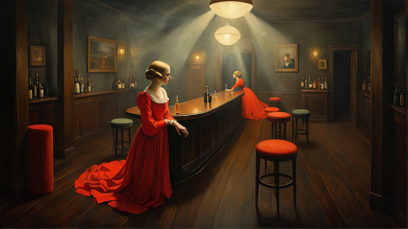 Elegant Women in Red Gowns in Dimly Lit Bar