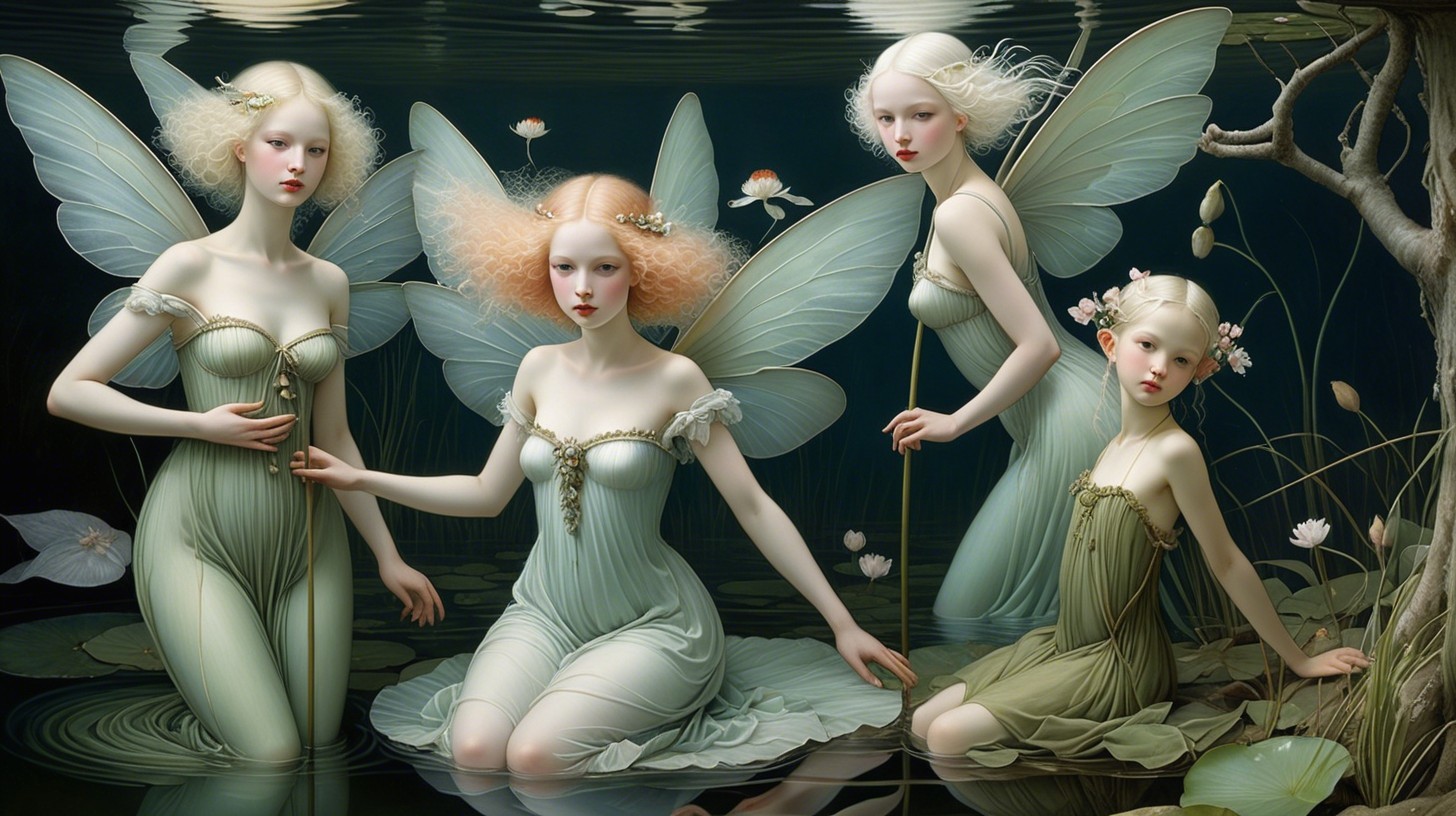 Fairies with Translucent Wings in Dark Water Setting