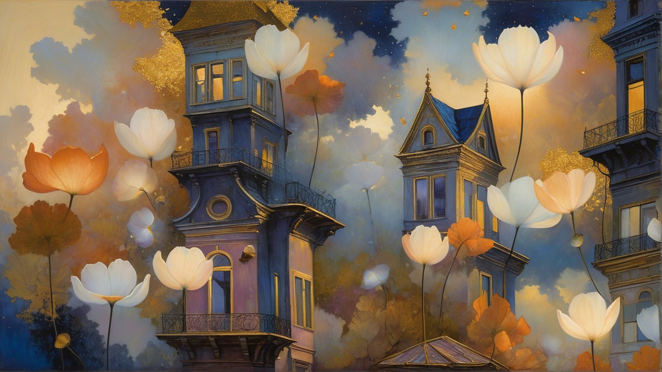 Whimsical Urban Landscape with Dreamy Sky and Flowers