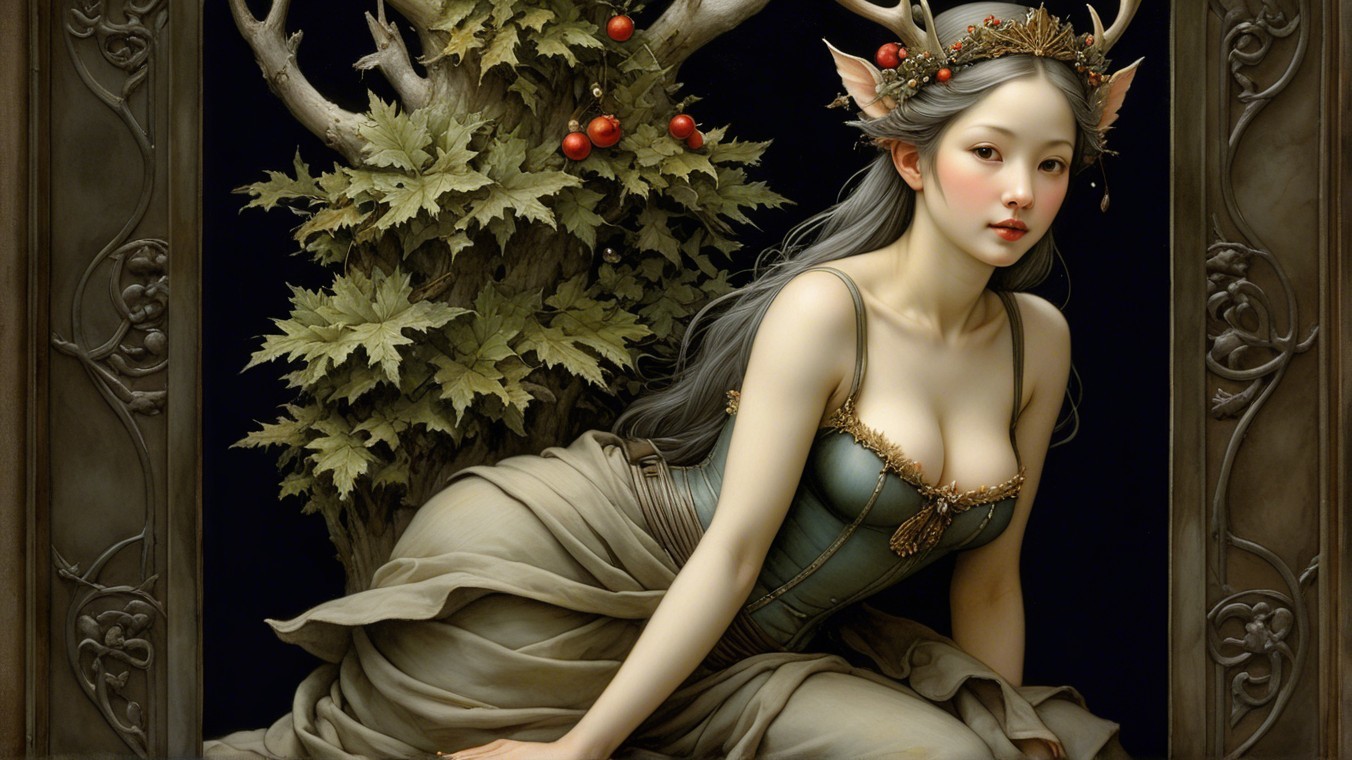 Mystical figure in flowing gown amidst lush greenery