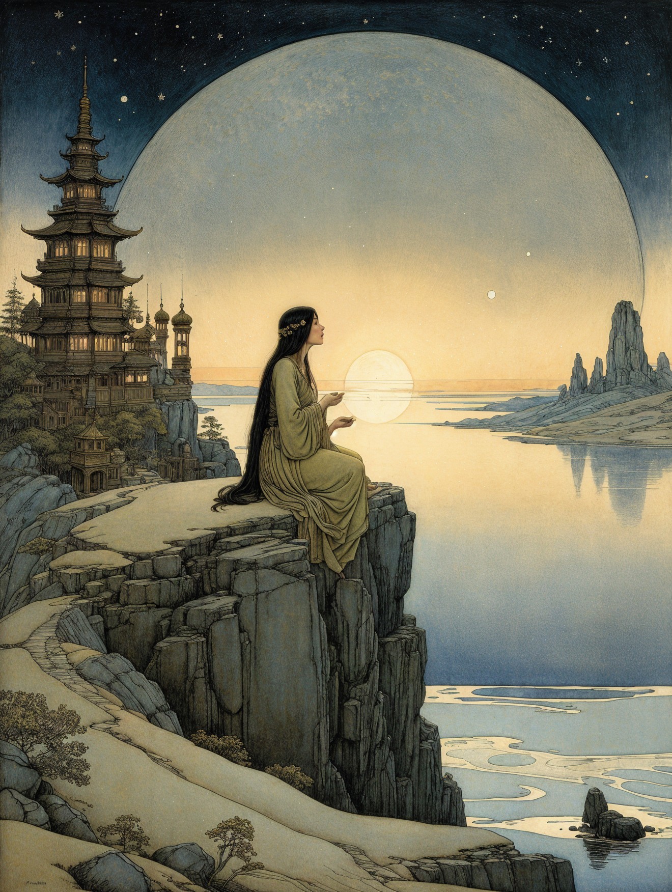 Woman in yellow gown by a moonlit pagoda scene