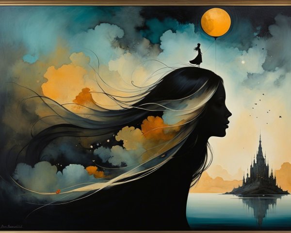 Silhouette of Woman with Dreamy Sky and Castle