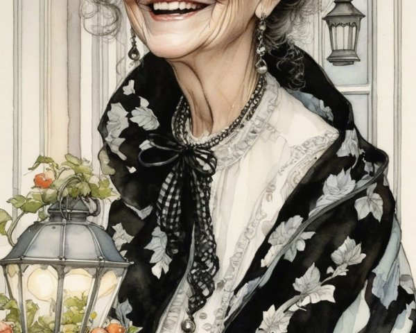 Elderly Woman in Floral Shawl Holding Lantern by Doorway