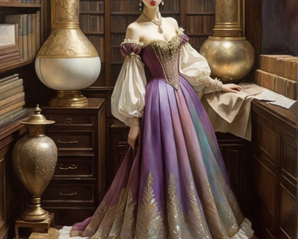 Elegant Woman in Lavish Library with Gown and Tiara