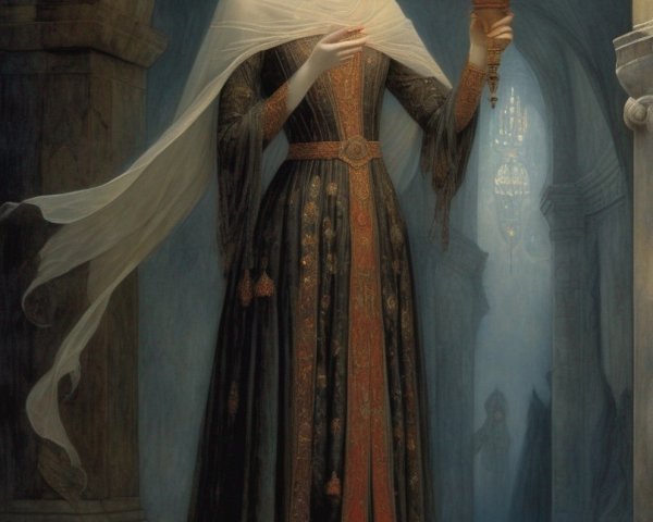 Medieval woman with torch in gothic corridor