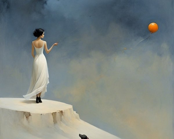 Woman in White Dress with Balloon on Cliffside