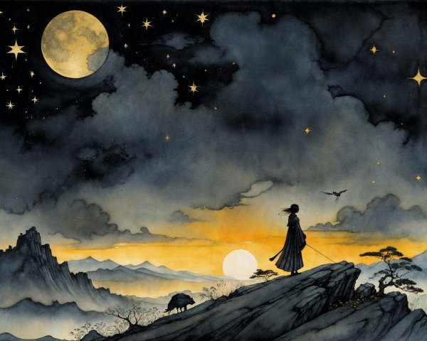 Serene Landscape with Starry Sky and Moonlit Horizon