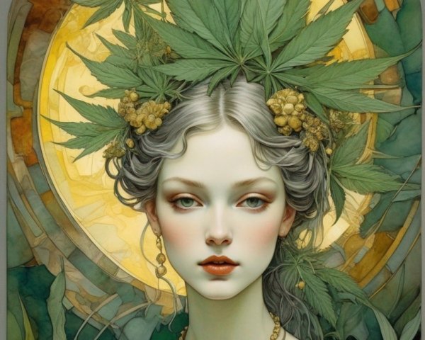 Pale-skinned woman with grey eyes wearing cannabis crown against stained-glass backdrop