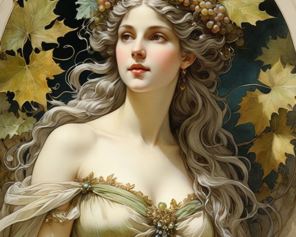 Woman with Grapevine and Leaves in Hair, Wearing Flowing Gown
