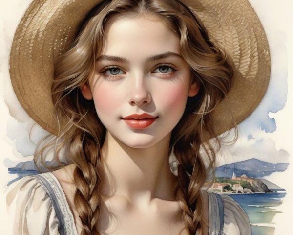 Young girl in straw hat by serene water backdrop